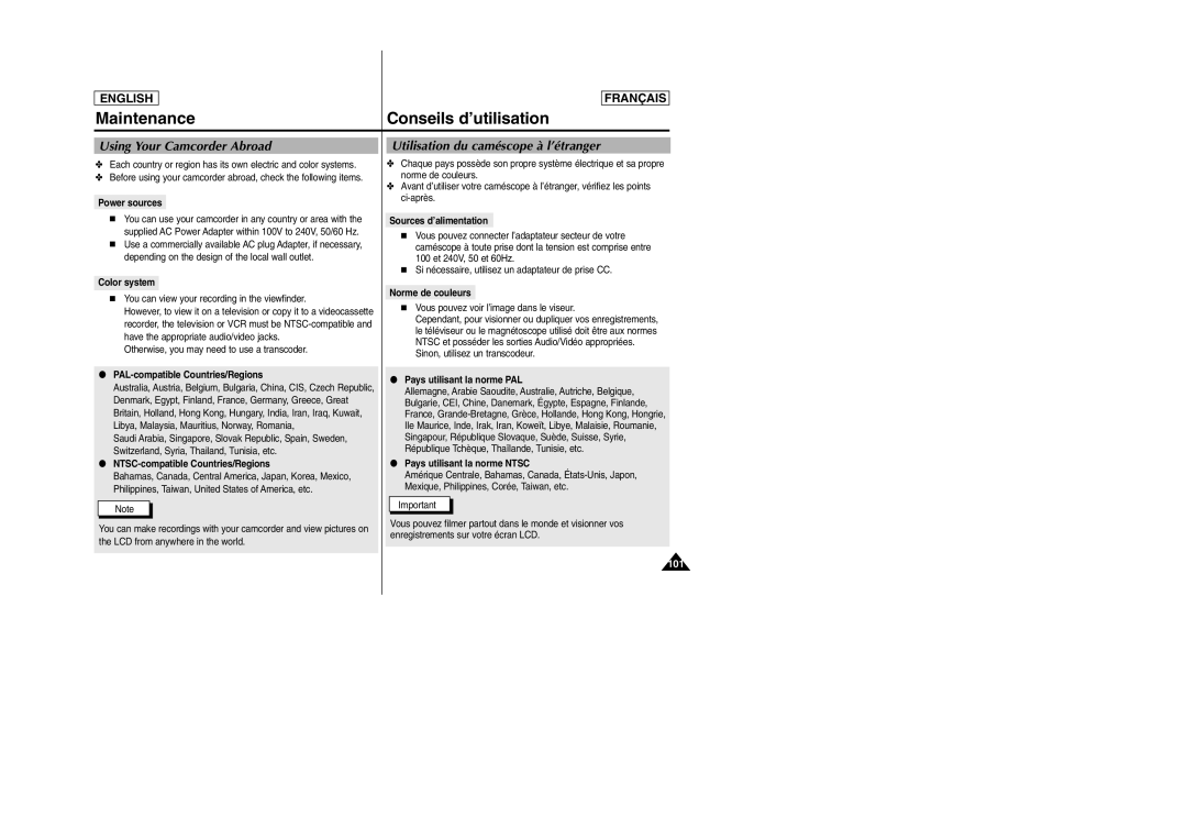 Samsung SC-D103 manual Using Your Camcorder Abroad, Utilisation du caméscope à l’étranger 