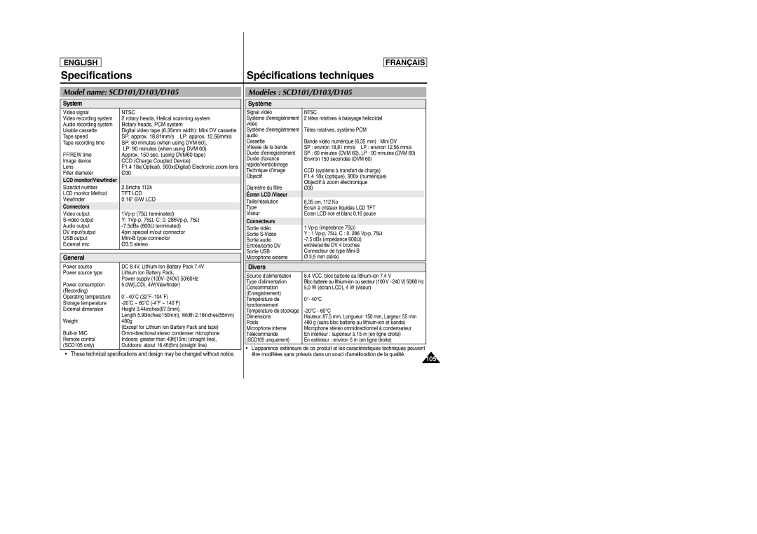 Samsung SC-D103 manual Specifications, Spécifications techniques 