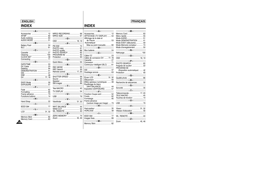 Samsung SC-D103 manual Index 