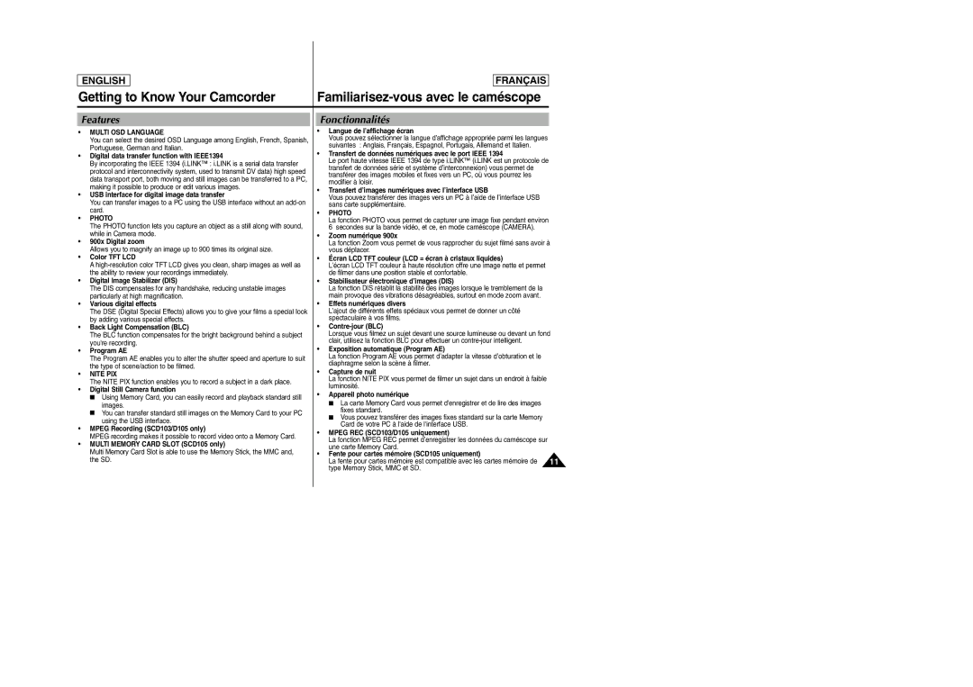 Samsung SC-D103 manual Getting to Know Your Camcorder, Features, Fonctionnalités 