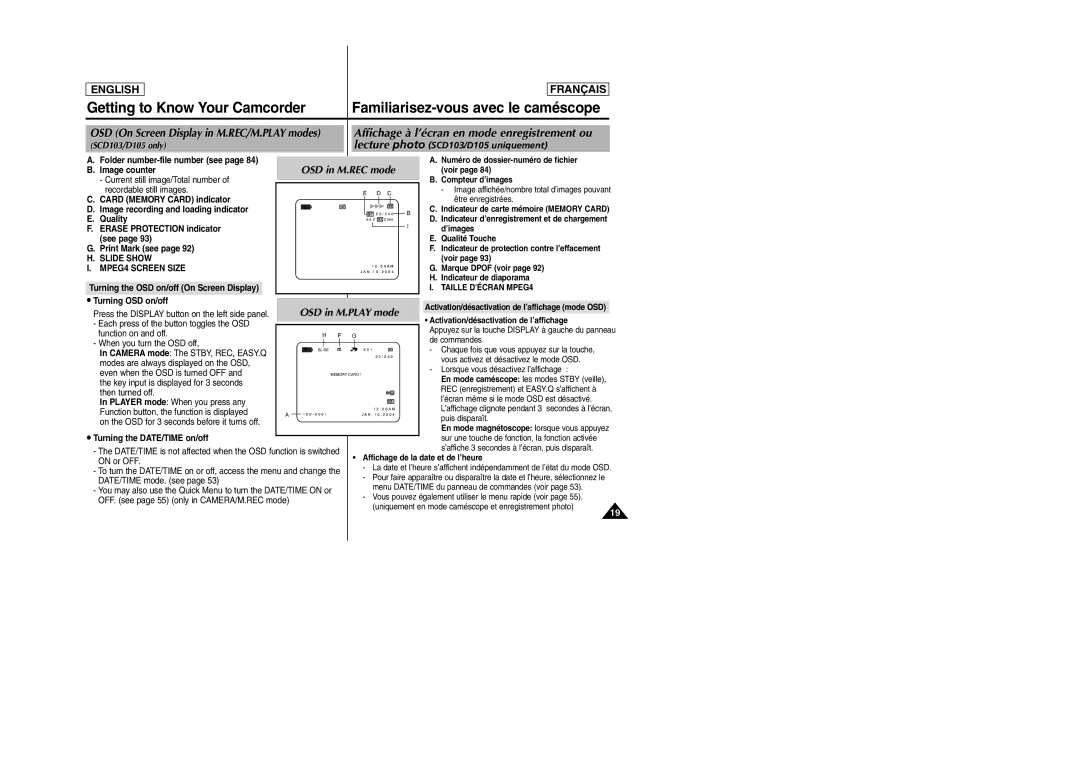 Samsung SC-D103 manual OSD in M.REC mode, OSD in M.PLAY mode, MPEG4 Screen Size 