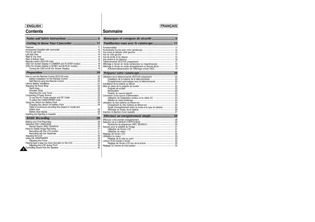 Samsung SC-D103 manual Contents Sommaire 