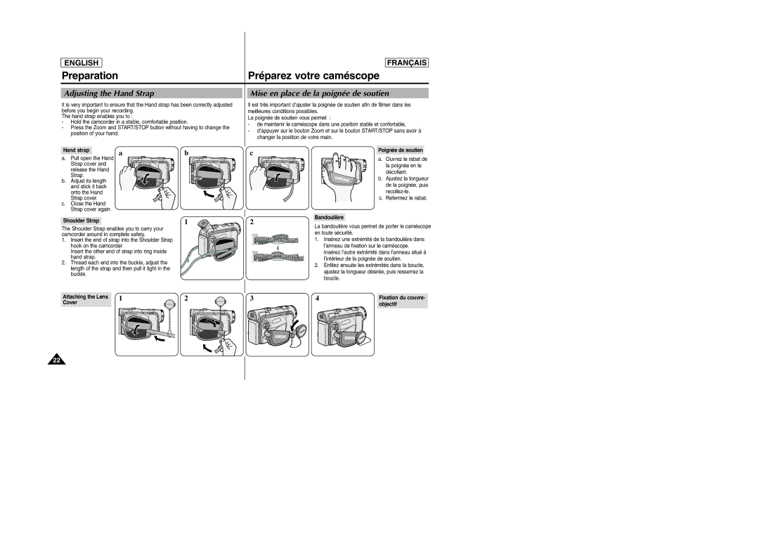 Samsung SC-D103 Preparation, Préparez votre caméscope, Adjusting the Hand Strap, Mise en place de la poignée de soutien 