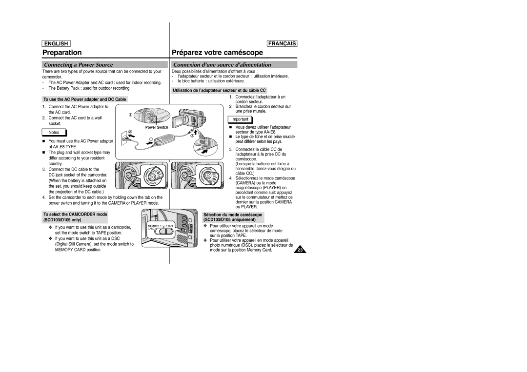 Samsung SC-D103 manual Preparation Préparez votre caméscope 