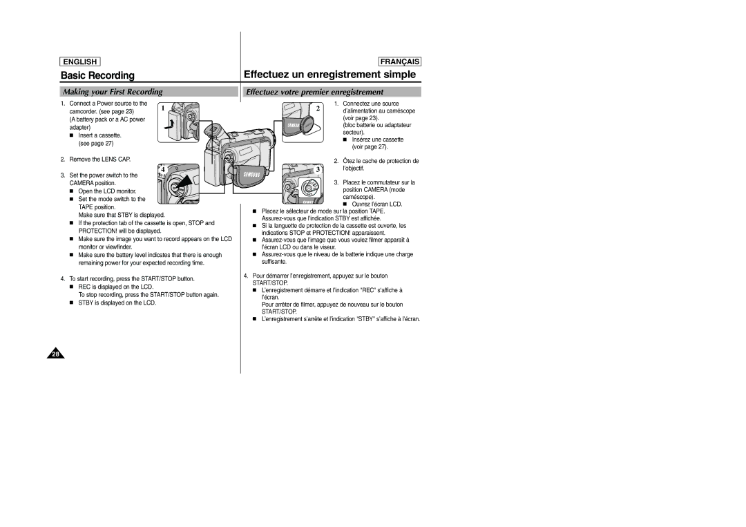 Samsung SC-D103 manual Basic Recording Effectuez un enregistrement simple, Making your First Recording, Start/Stop 