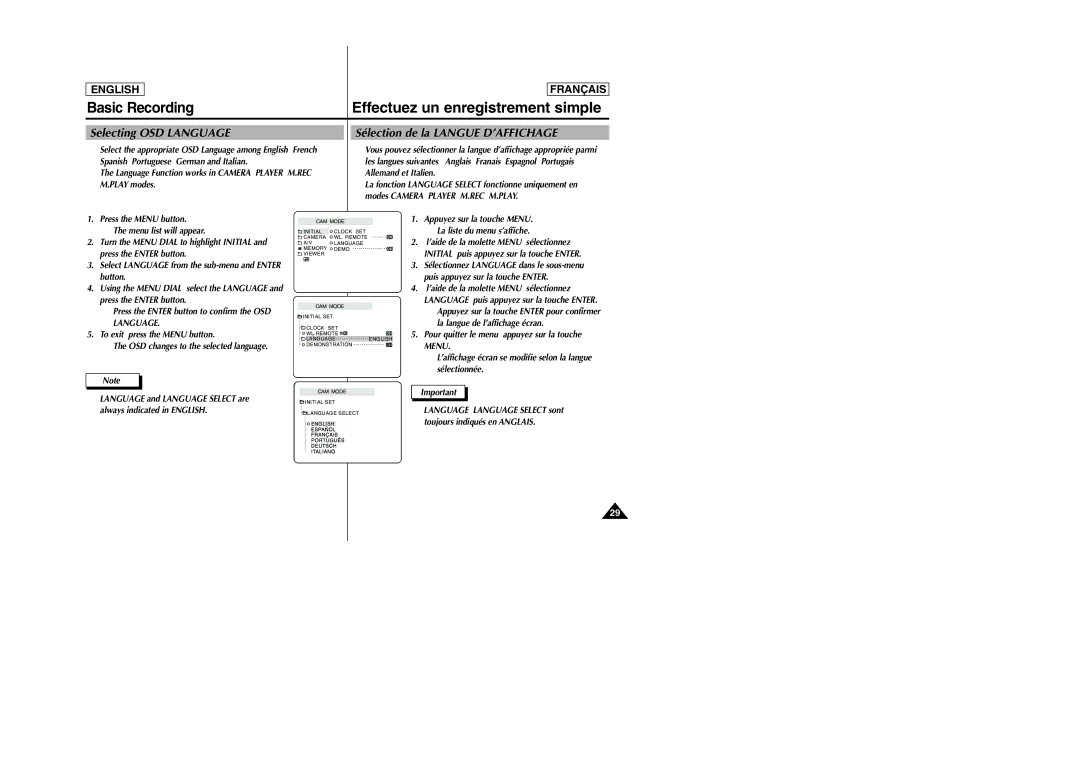 Samsung SC-D103 manual Selecting OSD Language, Sélection de la Langue D’AFFICHAGE 