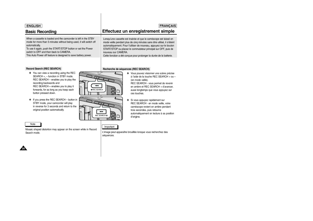 Samsung SC-D103 manual Record Search REC Search Recherche de séquences REC Search 