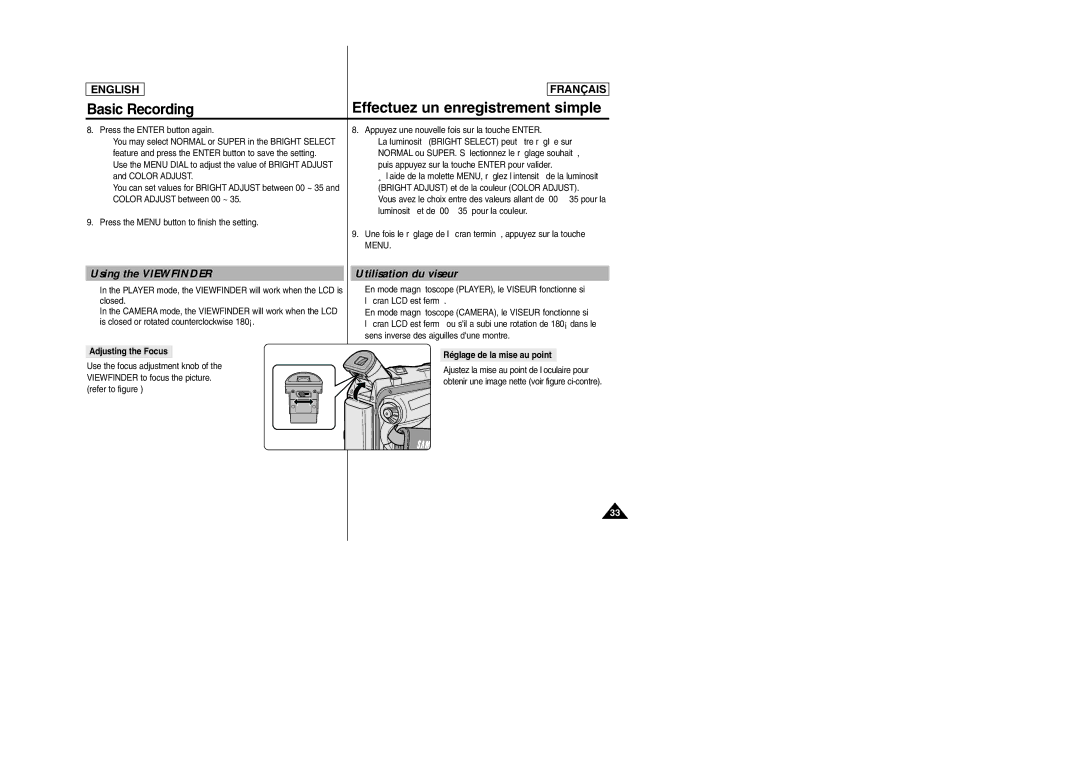 Samsung SC-D103 manual Using the Viewfinder, Utilisation du viseur, Press the Enter button again, Adjusting the Focus 