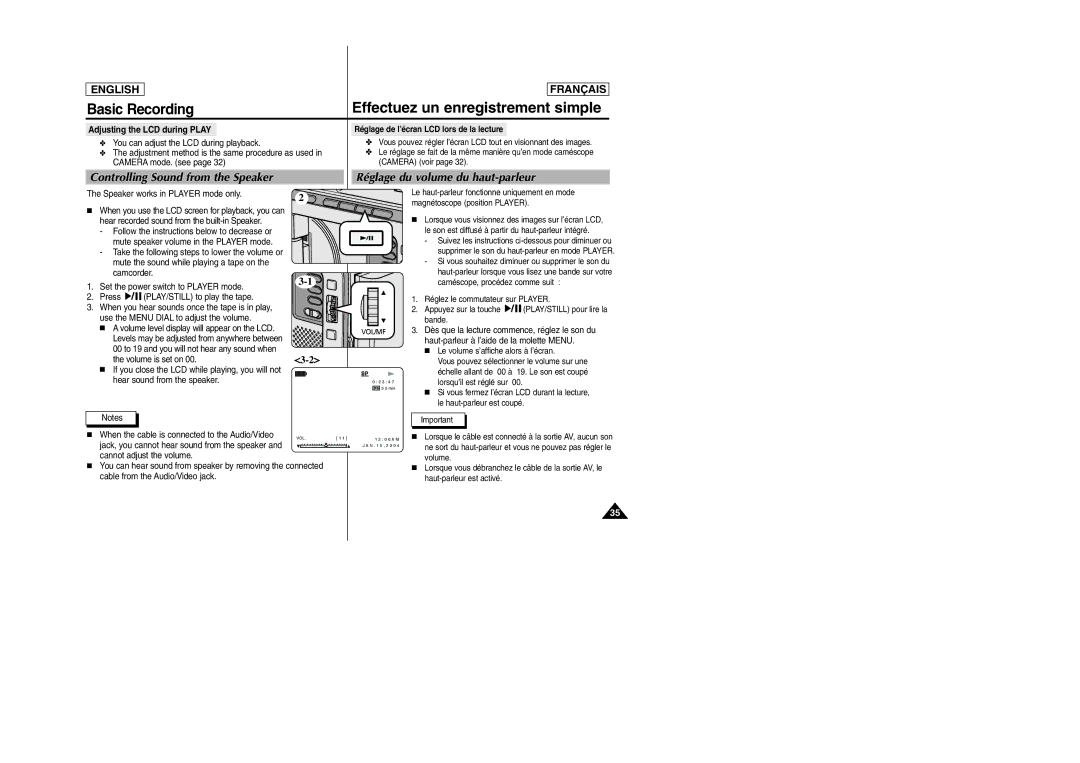 Samsung SC-D103 manual Adjusting the LCD during Play, Speaker works in Player mode only 