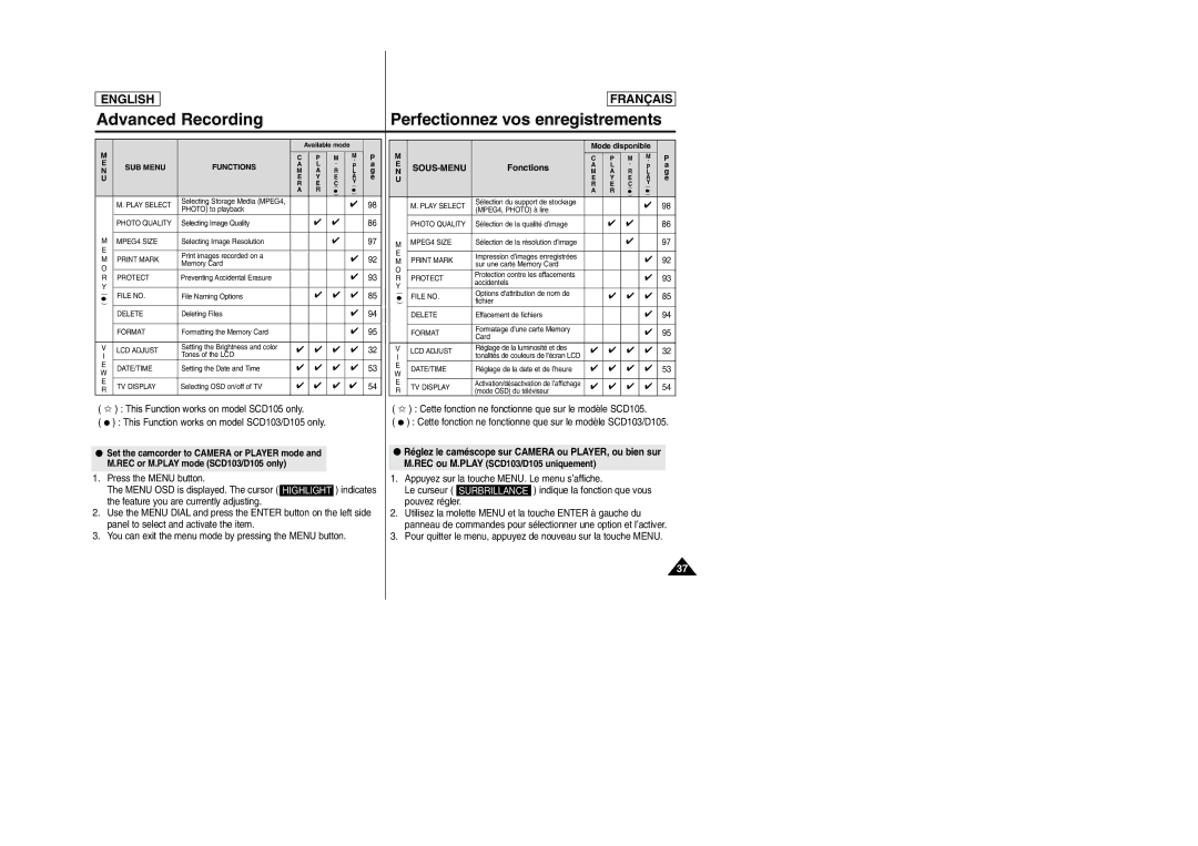 Samsung SC-D103 manual Advanced Recording, Pour quitter le menu, appuyez de nouveau sur la touche Menu 