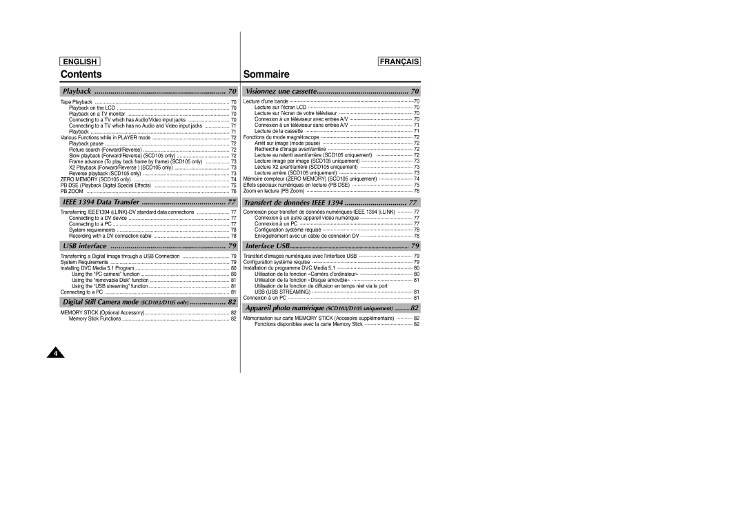 Samsung SC-D103 manual Playback, USB interface, Appareil photo numérique SCD103/D105 uniquement, Ieee 1394 Data Transfer 