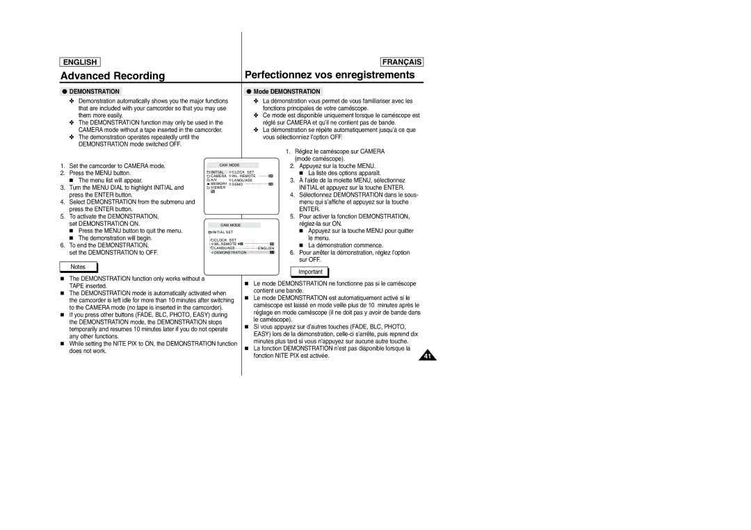 Samsung SC-D103 manual Mode Demonstration, Enter 