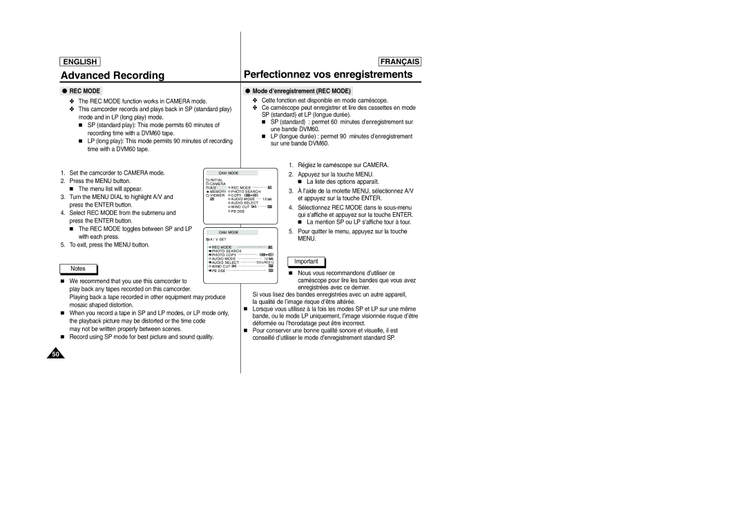 Samsung SC-D103 manual Mode d’enregistrement REC Mode 