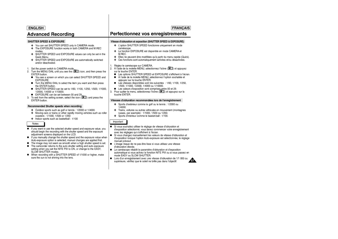 Samsung SC-D103 Recommended Shutter speeds when recording, Vitesse d’obturation et exposition Shutter Speed & Exposure 