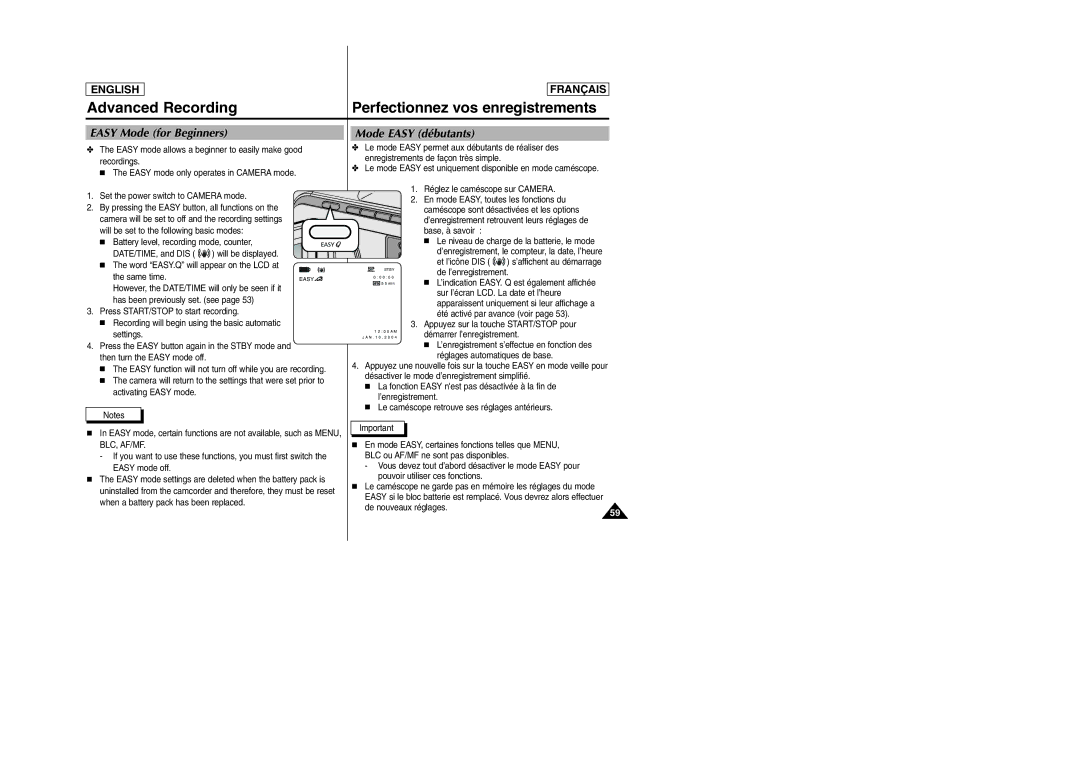 Samsung SC-D103 manual Easy Mode for Beginners, Mode Easy débutants, Battery level, recording mode, counter 