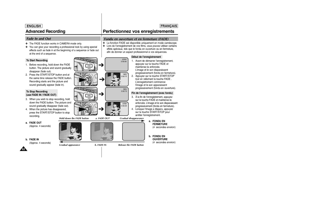 Samsung SC-D103 manual Fade In and Out Fondu en ouverture et en fermeture Fade, Fermeture, Ouverture 