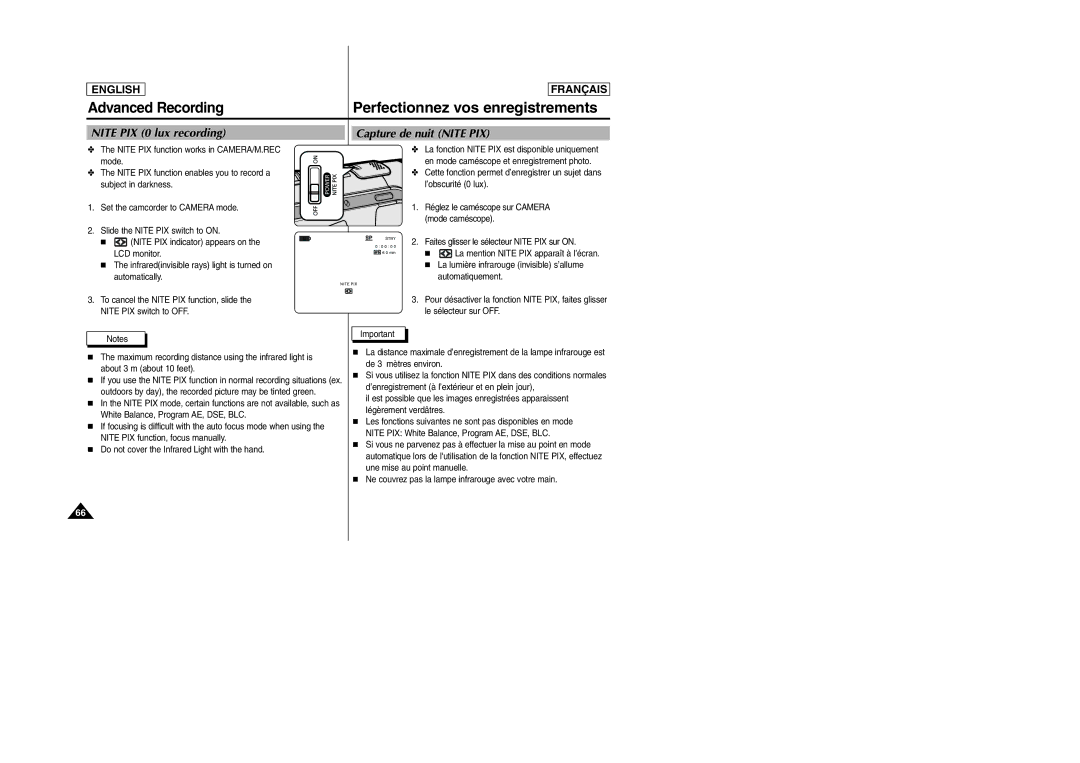 Samsung SC-D103 manual Nite PIX 0 lux recording, Capture de nuit Nite PIX, Do not cover the Infrared Light with the hand 