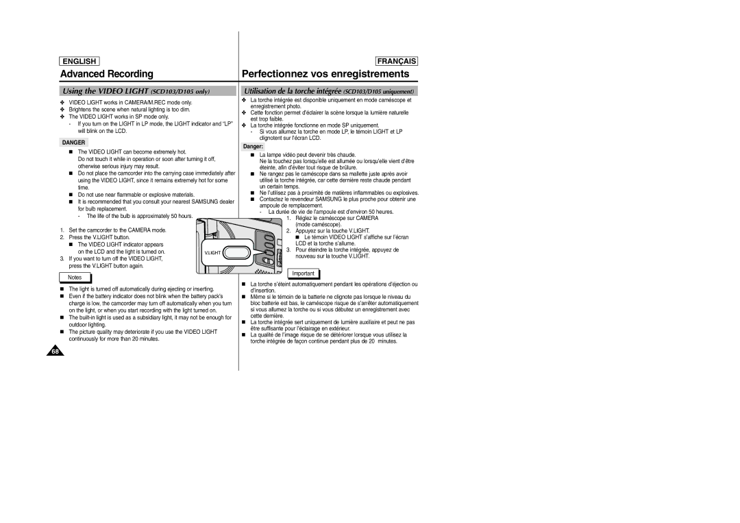 Samsung SC-D103 manual Using the Video Light SCD103/D105 only, Utilisation de la torche intégrée SCD103/D105 uniquement 