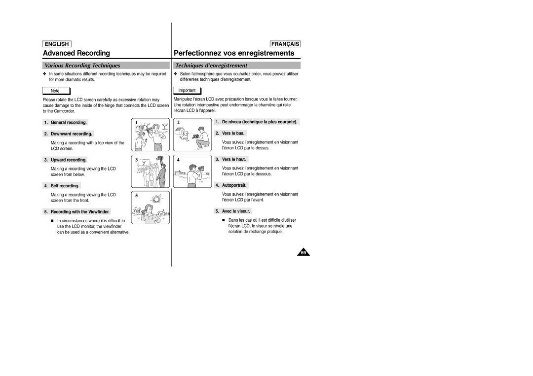 Samsung SC-D103 manual Various Recording Techniques, Techniques d’enregistrement 