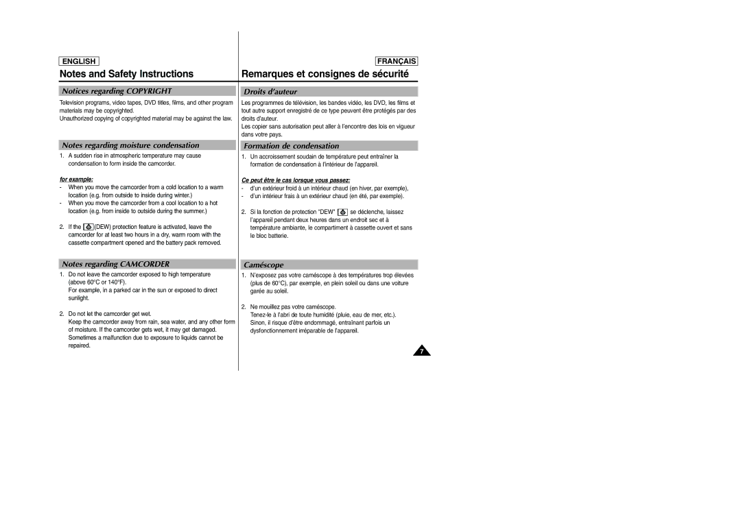 Samsung SC-D103 manual Droits d’auteur, Formation de condensation, Caméscope 