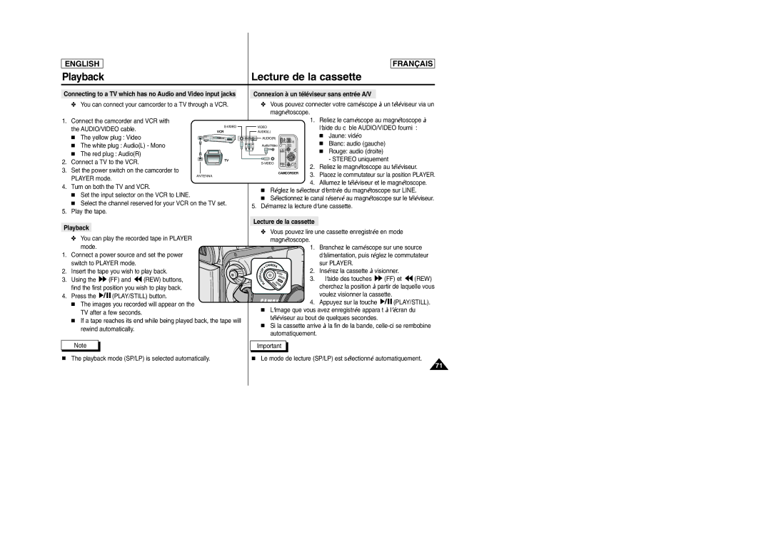 Samsung SC-D103 manual Playback Lecture de la cassette, Connexion à un téléviseur sans entrée A/V 