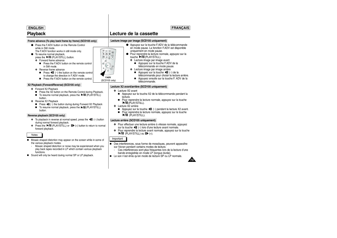 Samsung SC-D103 manual Lecture de la cassette, Playback, Lecture X2 avant/arrière SCD105 uniquement 