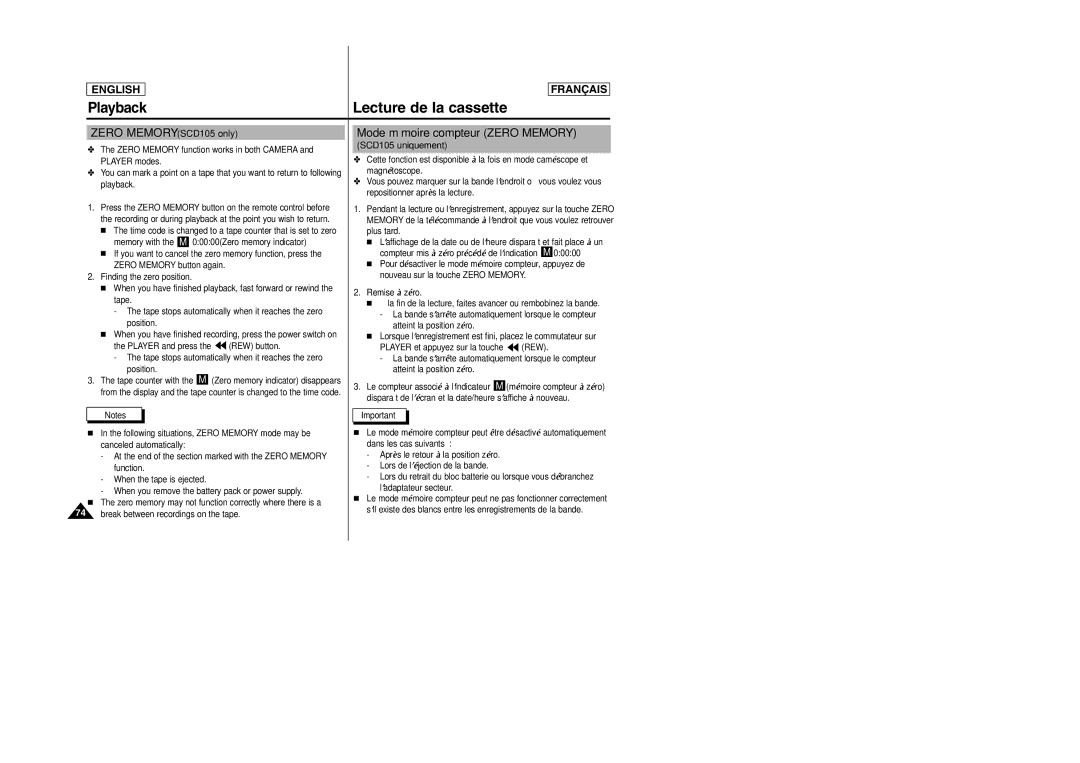 Samsung SC-D103 manual Mode mémoire compteur Zero Memory, Zero Memory SCD105 only, SCD105 uniquement 