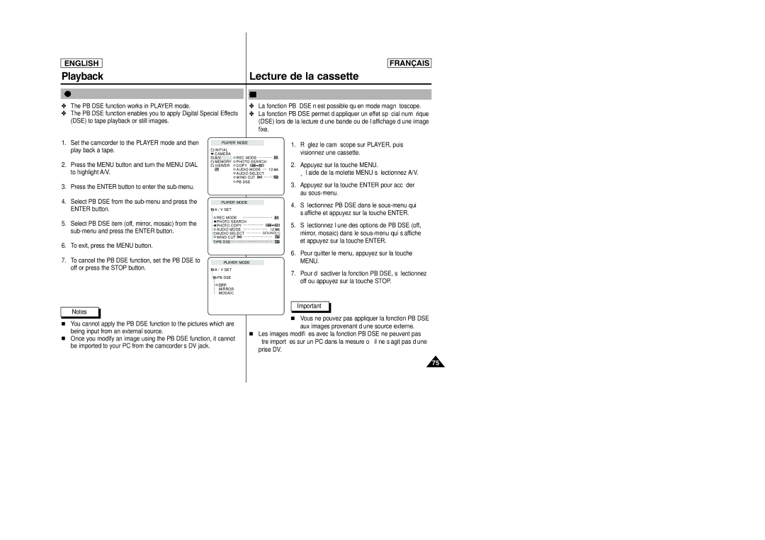 Samsung SC-D103 manual PB DSE Playback Digital Special Effects, Effets spéciaux numériques en lecture PB DSE 