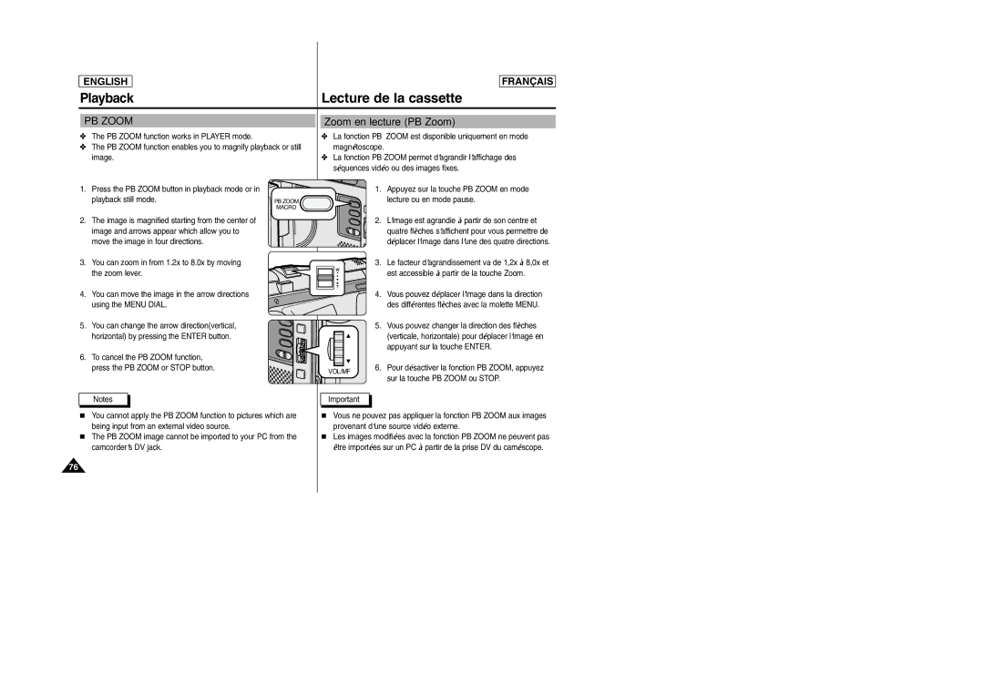 Samsung SC-D103 manual Zoom en lecture PB Zoom, Playback still mode 