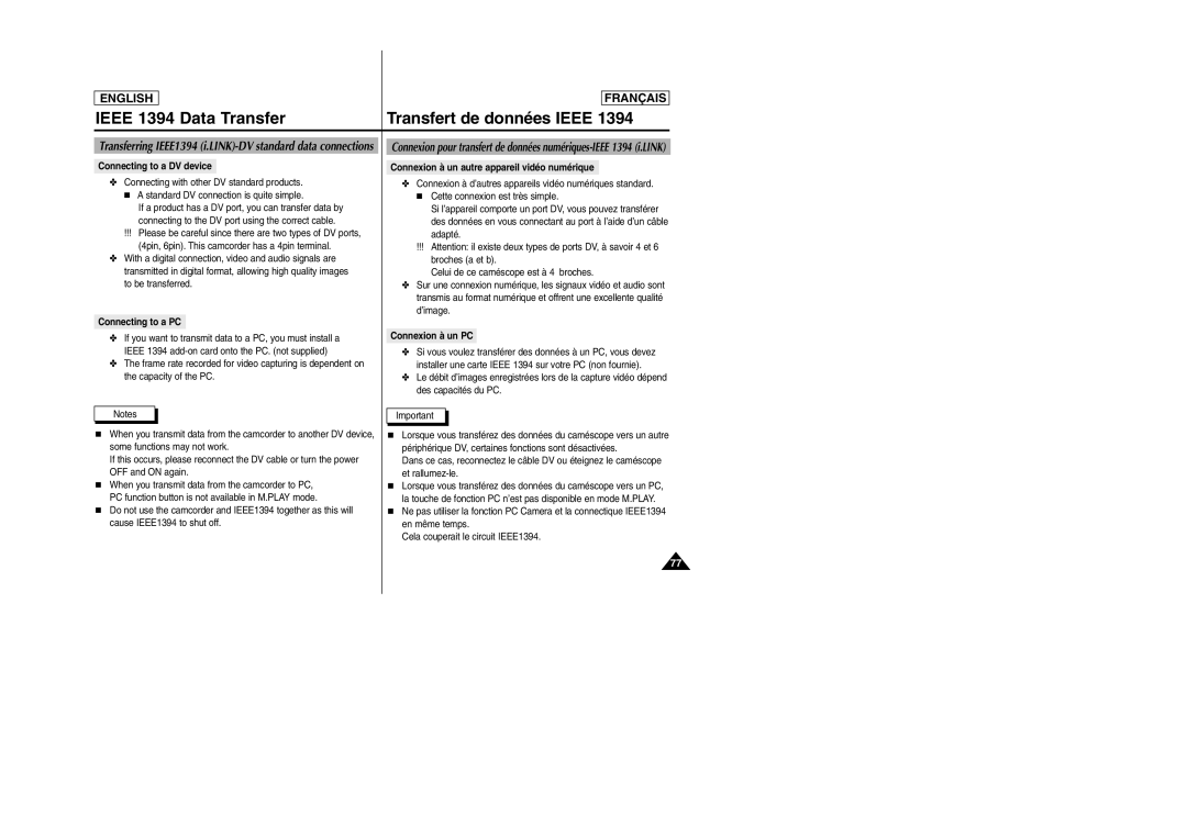 Samsung SC-D103 manual Ieee 1394 Data Transfer, Transfert de données Ieee 