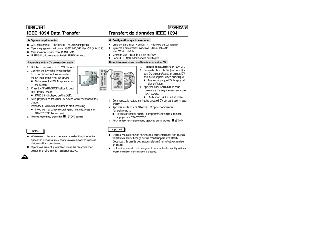 Samsung SC-D103 manual System requirements, Configuration système requise, Recording with a DV connection cable, REC Pause 