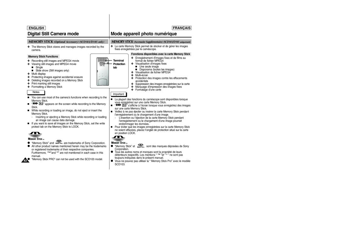 Samsung SC-D103 manual Digital Still Camera mode Mode appareil photo numérique, Memory Stick Functions, Protection, Tab 