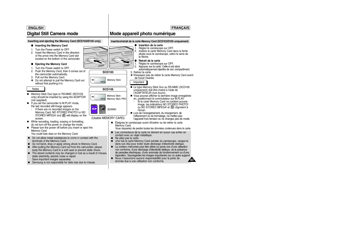 Samsung SC-D103 manual Inserting the Memory Card Insertion de la carte, Retrait de la carte Ejecting the Memory Card 