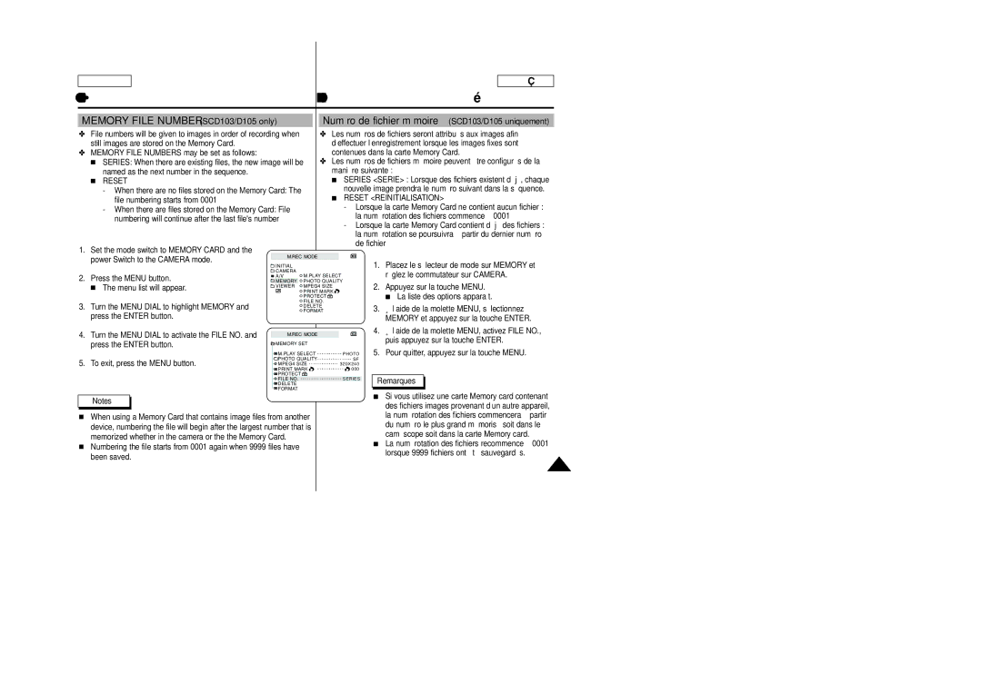 Samsung SC-D103 manual Memory File Number SCD103/D105 only, Numéro de fichier mémoire SCD103/D105 uniquement, Reset 