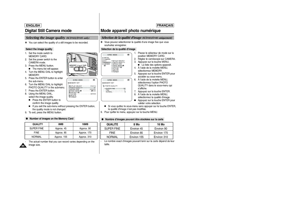 Samsung SC-D103 manual Digital Still Camera mode, Selecting the image quality SCD103/D105 only, Quality 8MB 