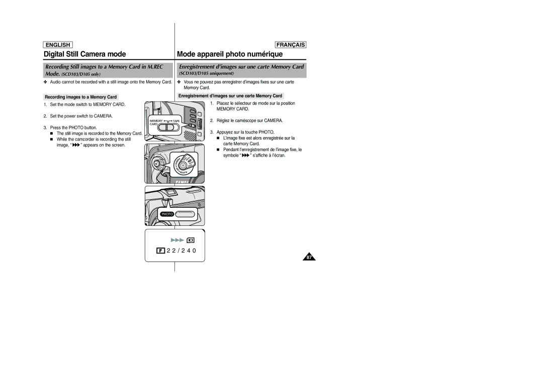 Samsung SC-D103 manual Mode. SCD103/D105 only SCD103/D105 uniquement, Recording images to a Memory Card, Carte Memory Card 