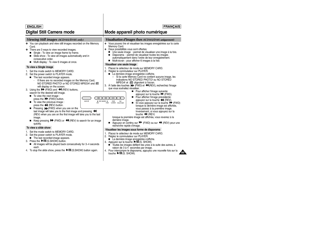 Samsung SC-D103 manual Viewing Still images SCD103/D105 only, To view a Single image, To view a slide show 