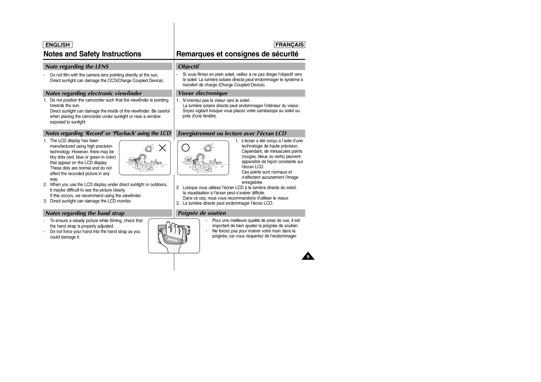 Samsung SC-D103 manual Objectif, Viseur électronique, Enregistrement ou lecture avec l’écran LCD, Poignée de soutien 