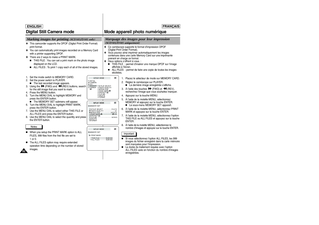 Samsung SC-D103 manual Marking images for printing SCD103/D105 only, Marquage des images pour leur impression 