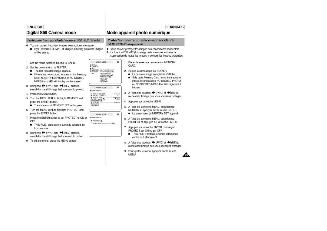Samsung SC-D103 Protection contre un effacement accidentel, Protection from accidental erasure SCD103/D105 only, MENU.93 