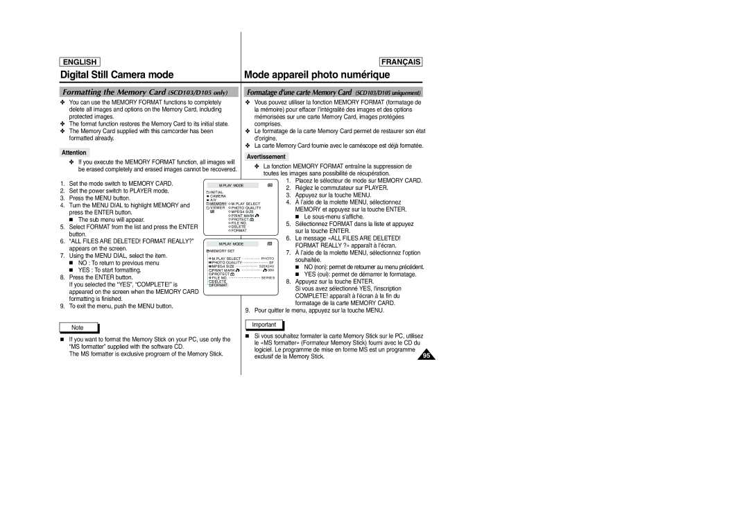 Samsung SC-D103 manual Formatage d’une carte Memory Card SCD103/D105 uniquement, ALL Files are DELETED! Format REALLY? 