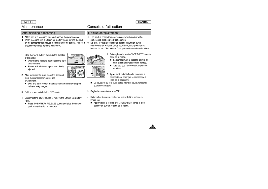 Samsung SC-D103 manual Maintenance, Conseils d’utilisation, After finishing a recording, Fin d’un enregistrement 