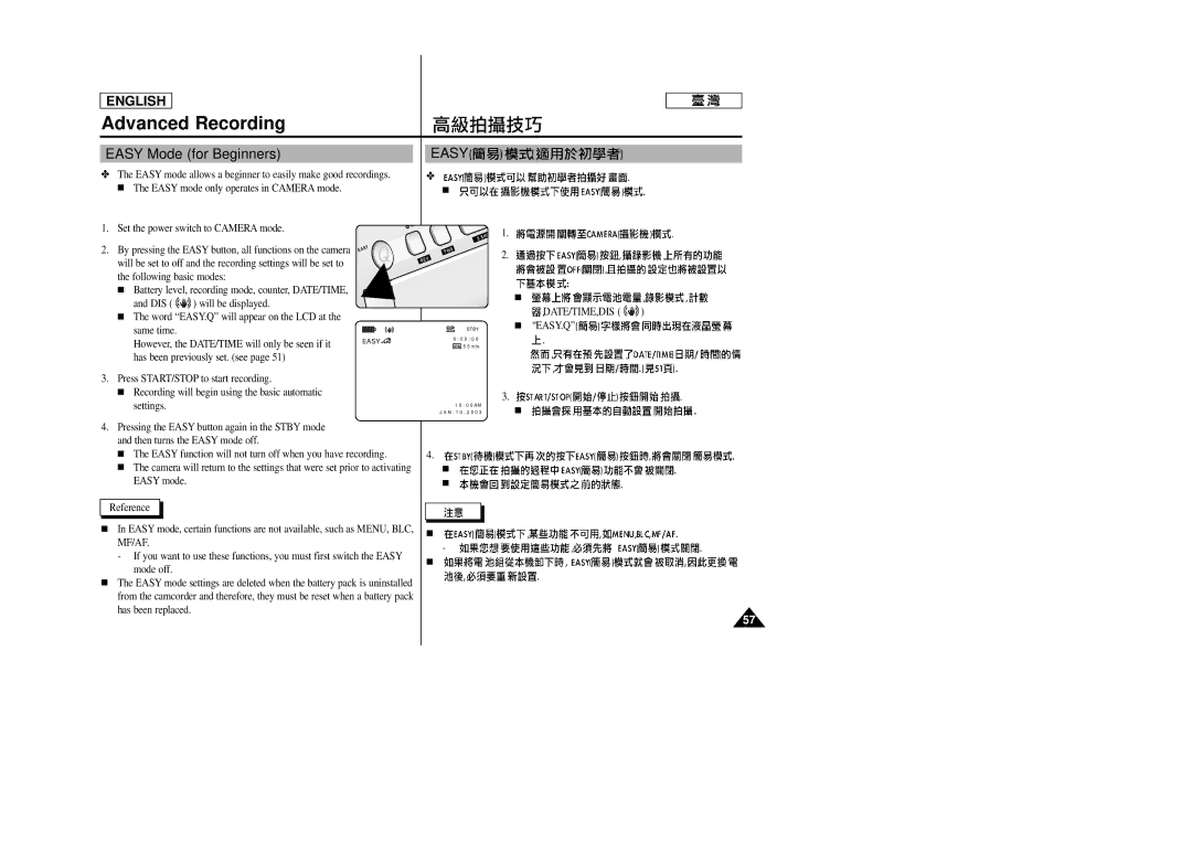 Samsung SC-D23 manual Easy Mode for Beginners 