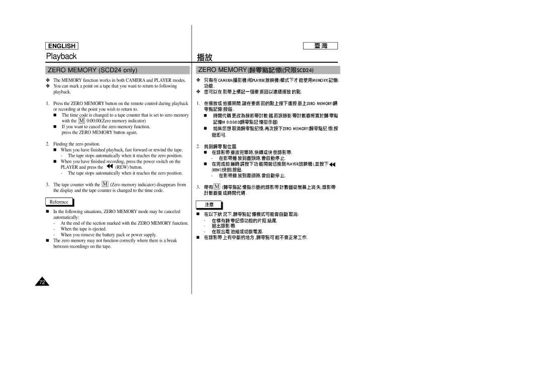 Samsung SC-D23 manual Zero Memory SCD24 only 