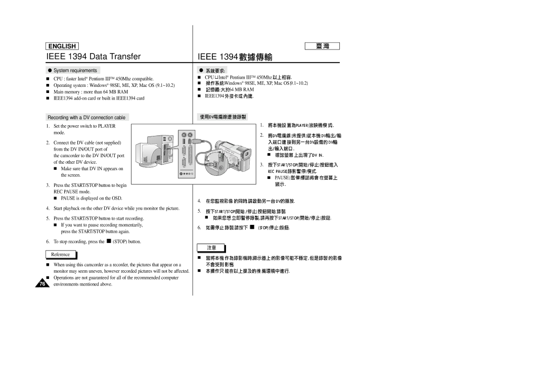 Samsung SC-D23 manual System requirements, Recording with a DV connection cable 