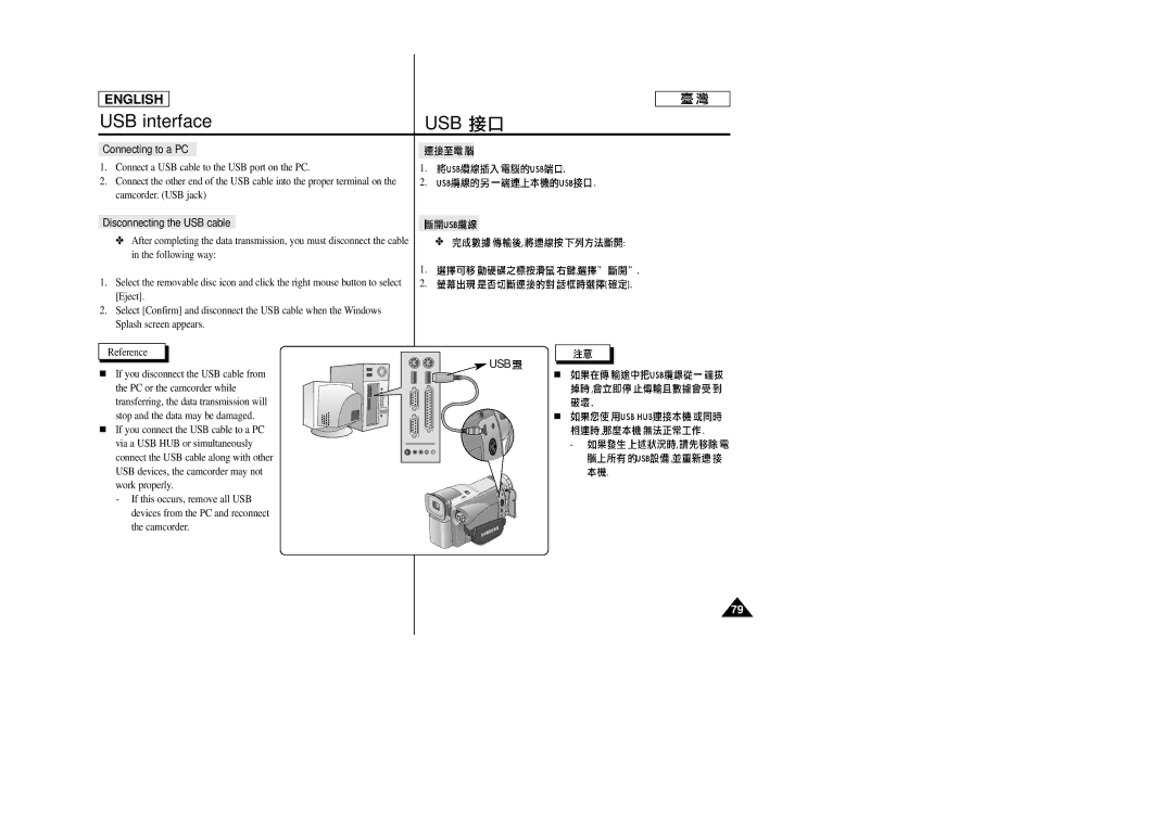 Samsung SC-D23 manual Connecting to a PC, Disconnecting the USB cable 