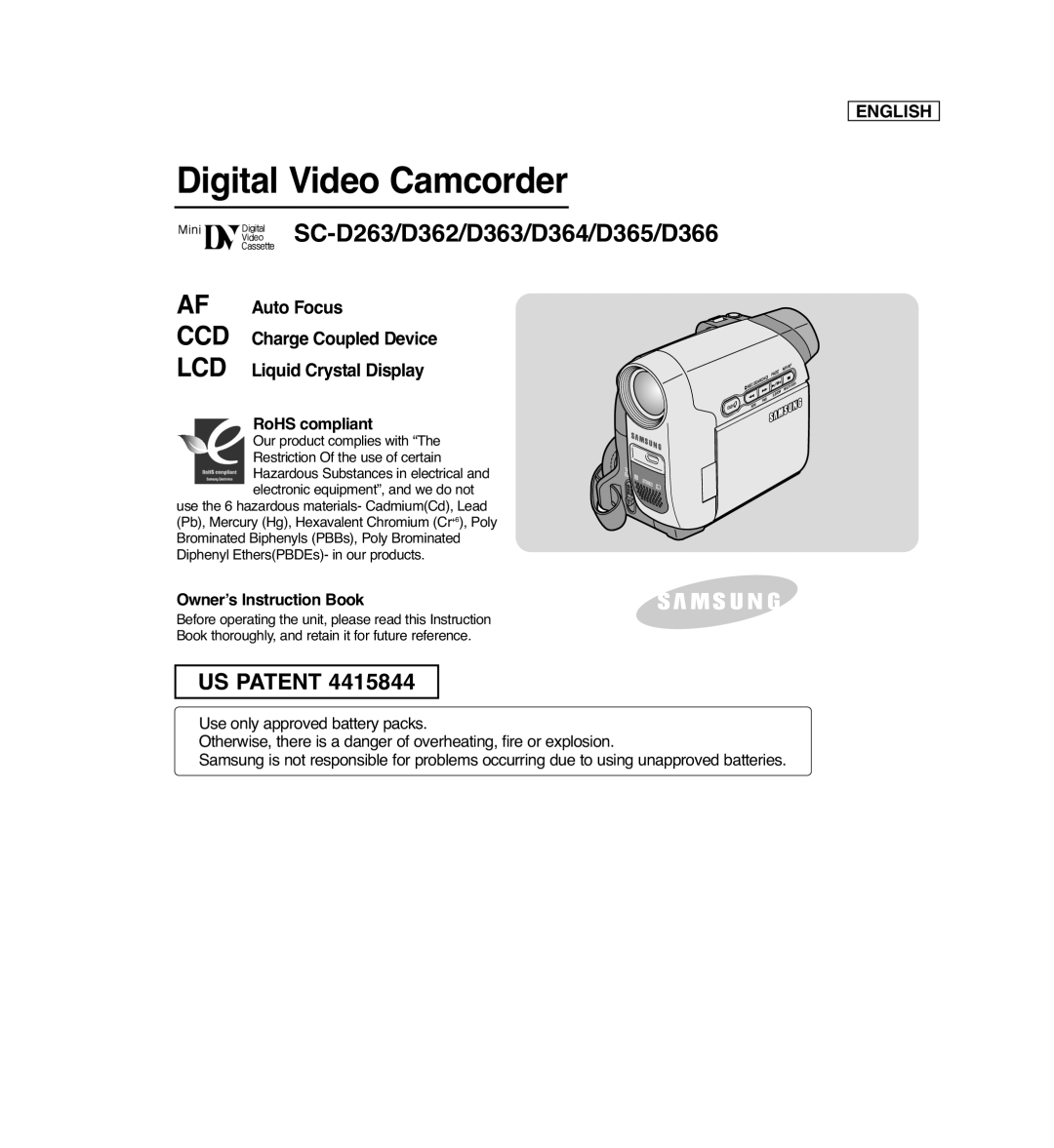 Samsung SC-D366, SC-D364, SC-D362 manual SC-D263/D362/D363/D364/D365/D366, Af Ccd Lcd, Us Patent, English, RoHS compliant 