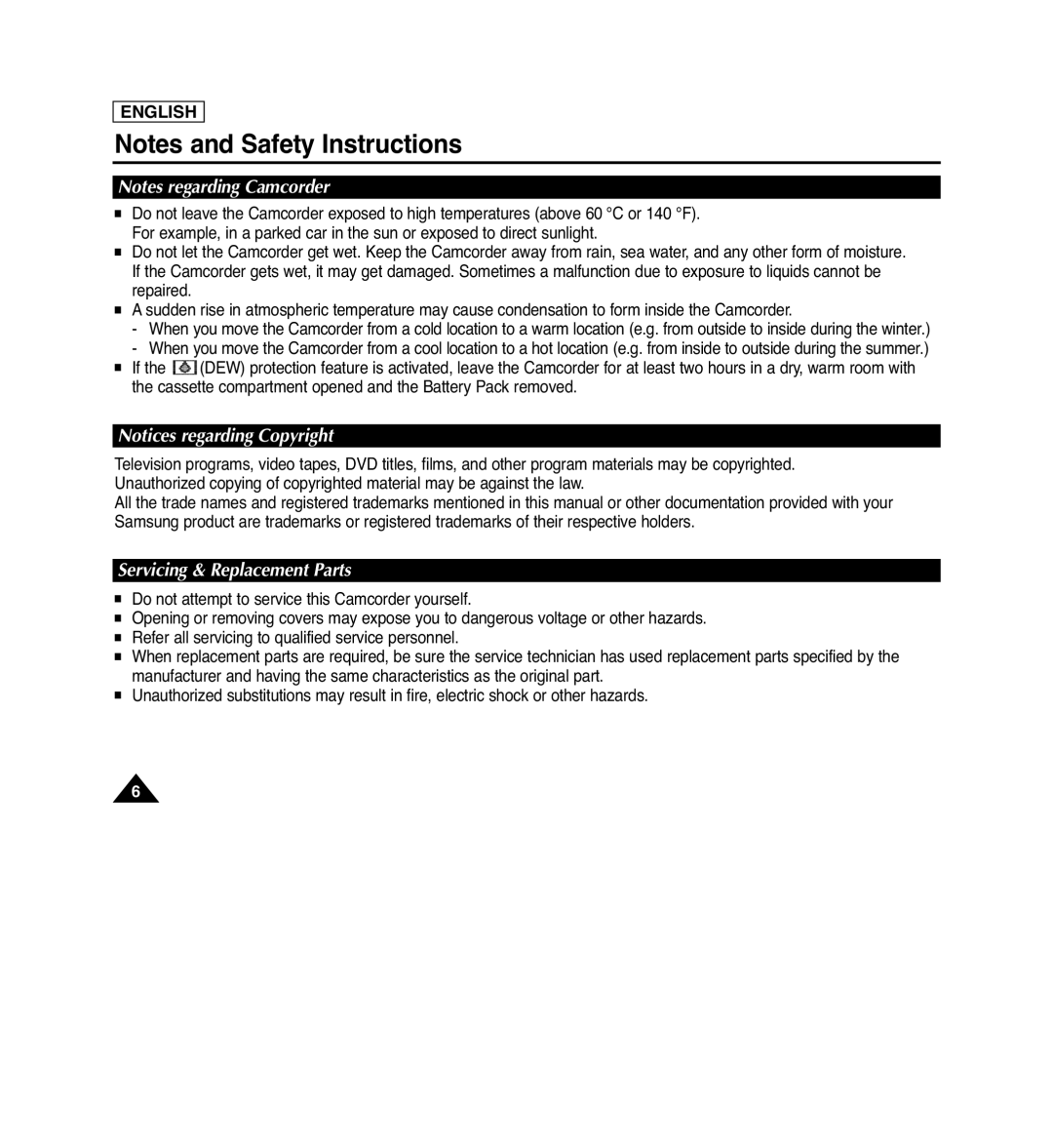Samsung SC-D364, SC-D263 Notes regarding Camcorder, Notices regarding Copyright, Servicing & Replacement Parts, English 