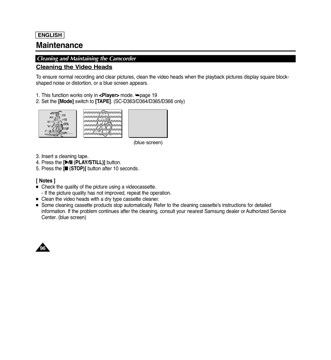 Samsung SC-D263 manual Cleaning the Video Heads, Cleaning and Maintaining the Camcorder, blue screen, Maintenance, English 