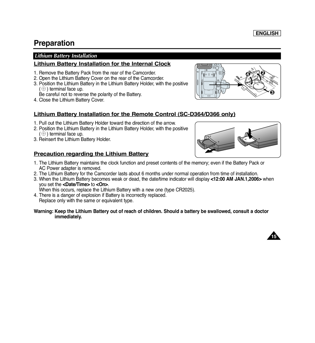 Samsung SC-D362 Lithium Battery Installation for the Internal Clock, Precaution regarding the Lithium Battery, Preparation 